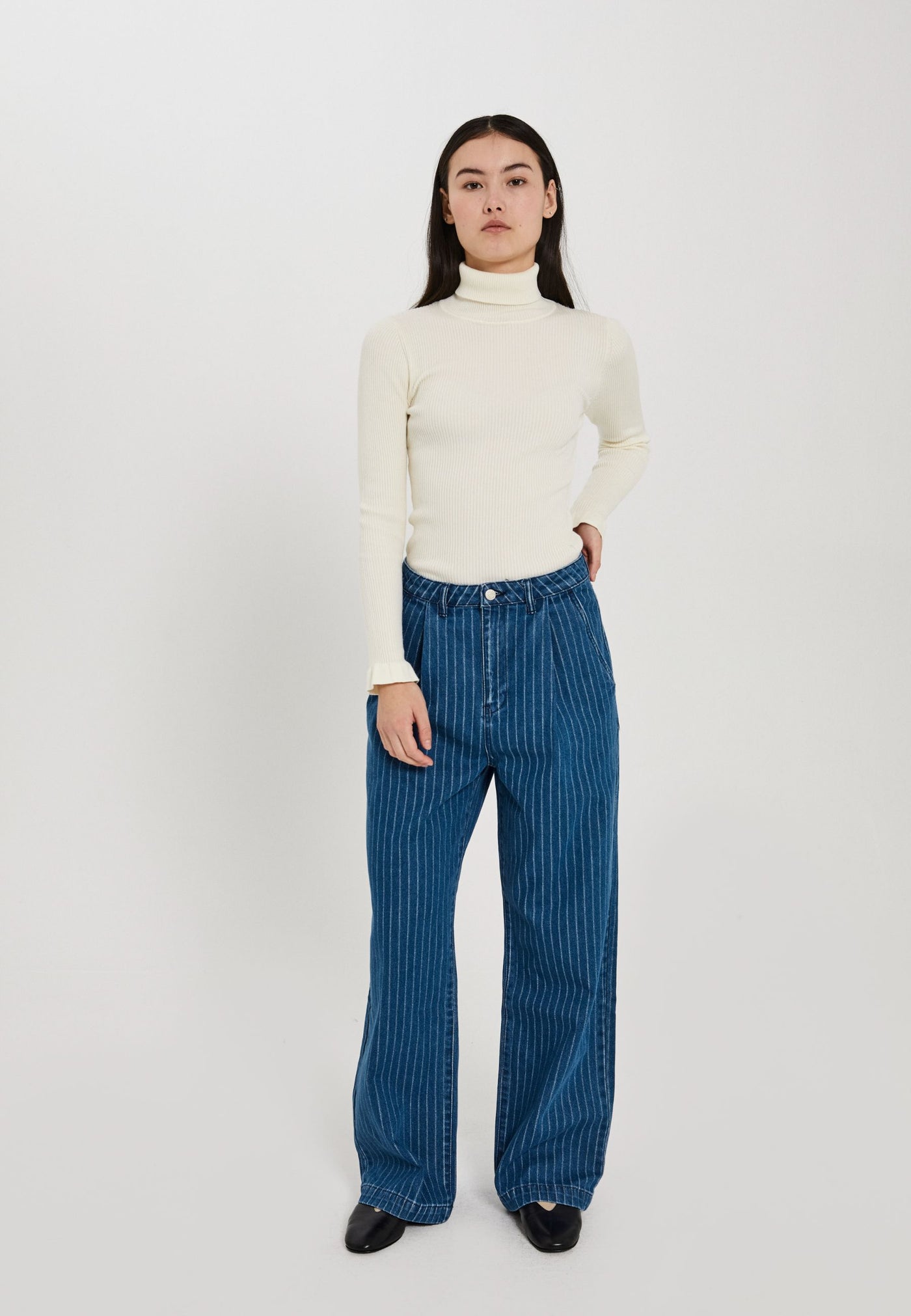 Kenzie Pleat Wide Jeans - Clear Blue with Stripes